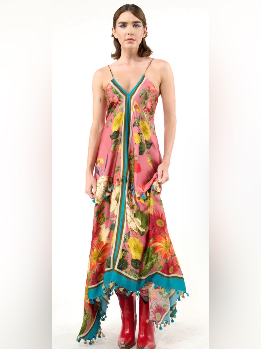 Aratta Pink Floral Maxi Slip Dress with Teal Trim